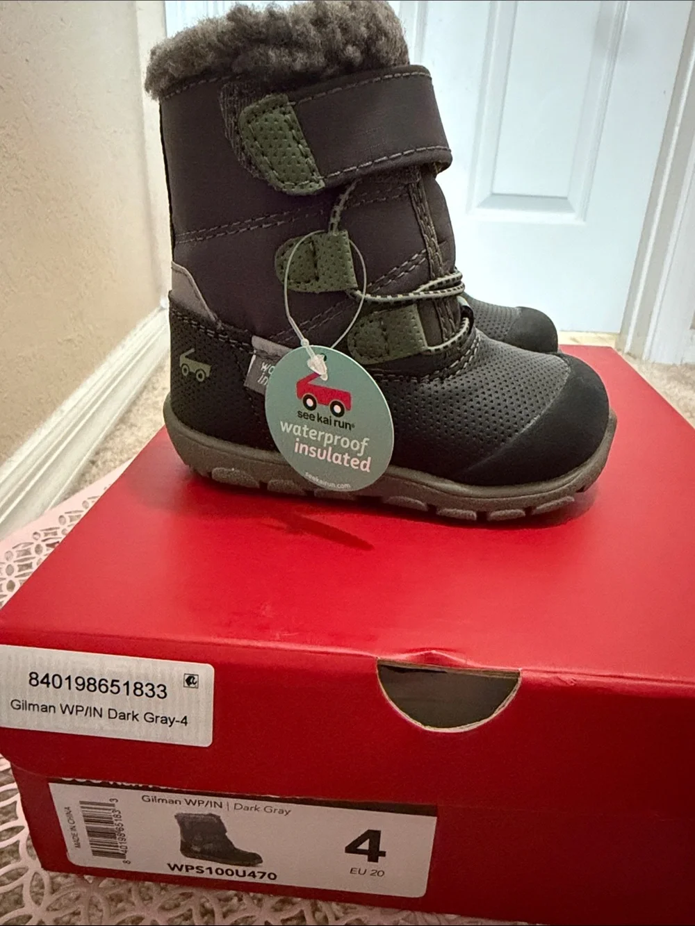See Kai Run Kids Gray and Green Winter Boots with Faux Fur Cuff
